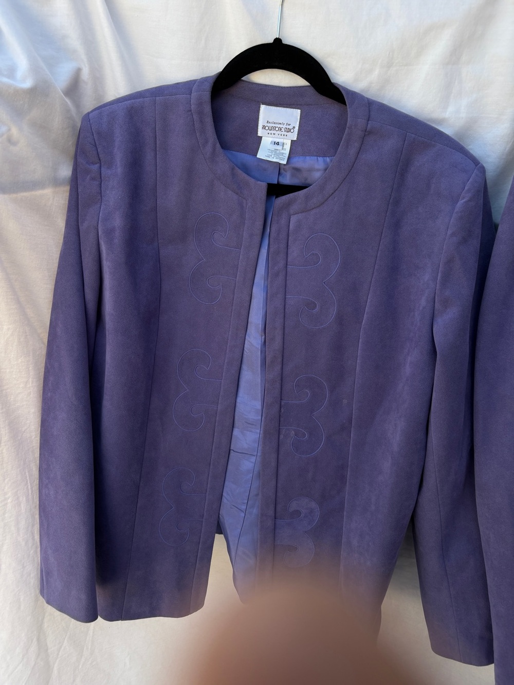 Round-Neck Lavender Suede Collarless Blazer and skirt suit